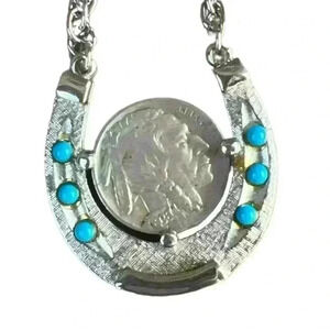 B&B buffalo nickel horseshoe necklace with turquoise accents